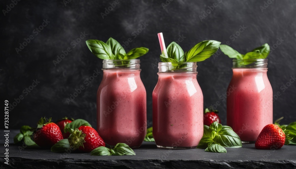 Sticker Three jars with strawberries and basil leaves in them