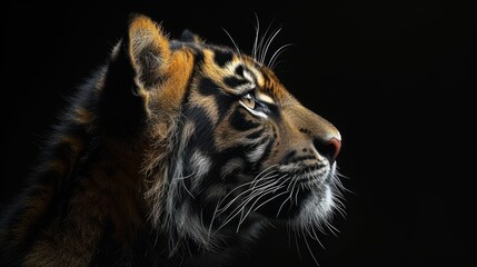 a close - up of a tiger's face on a black background with the light coming through its eyes.