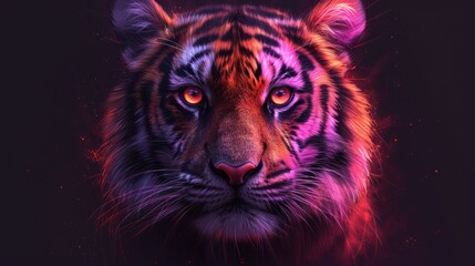 a close up of a tiger's face on a black background with red and purple light coming from its eyes.