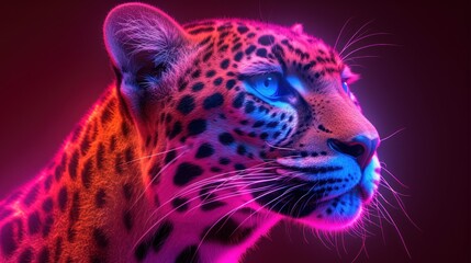 a close up of a cheetah's face with a red and blue light shining on its face.