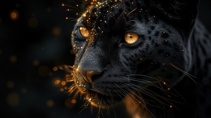 a close up of a black cat's face with yellow eyes and gold sparkles on it's fur.