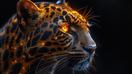 a close up of a leopard's face with bright lights on it's face and a black background.