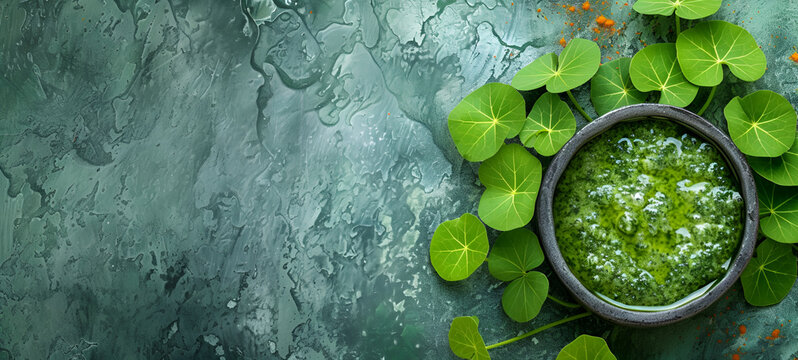 Rustic pesto bowl surrounded by green nasturtium leaves, on a textured emerald background.