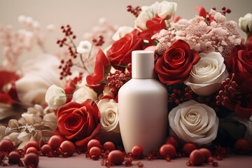 Photo with a bouquet of red and white roses in the background and a white ceramic bottle with essence