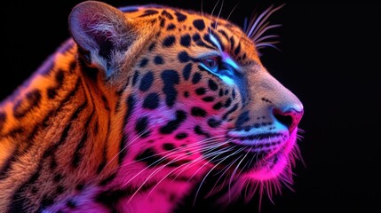 a close up of a tiger's face on a black background with a pink and blue light on it.