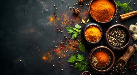 Colourful various herbs and spices for cooking on dark background. Indian cuisine. Pepper, salt, paprika, basil, turmeric