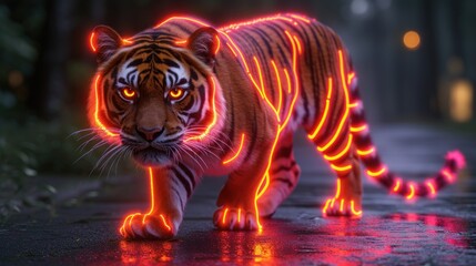 a close up of a tiger on a road with lights on it's face and tail, with trees in the background.