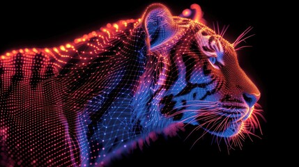 a close up of a tiger's face on a black background with red and blue lights in the background.