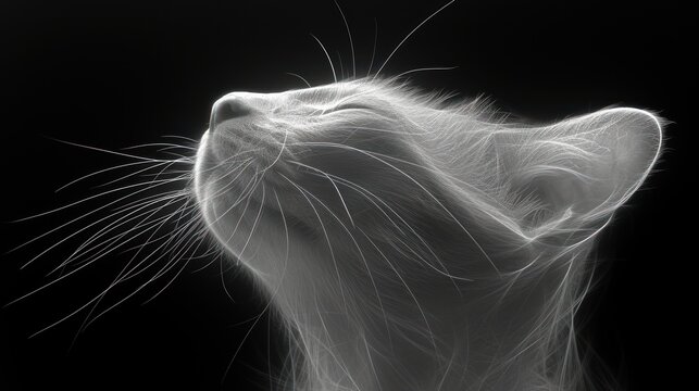 a black and white photo of a cat's head looking up at something in the air with it's eyes closed.