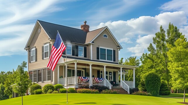 Cute American national home with the American flag flying proudly. American culture and patriotism concept