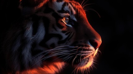 a close - up of a tiger's face in the dark, with the light coming from its eyes.