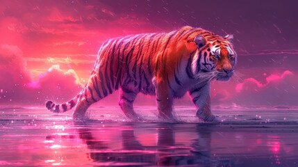 a tiger walking across a body of water with a pink sky in the back ground and clouds in the background.