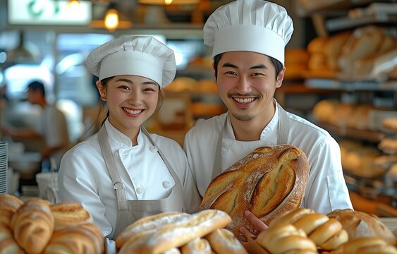 A happy couple of Asian professional chefs, dressed in white uniforms and hats, are seen preparing breakfast in the kitchen while carrying baguettes and bread.