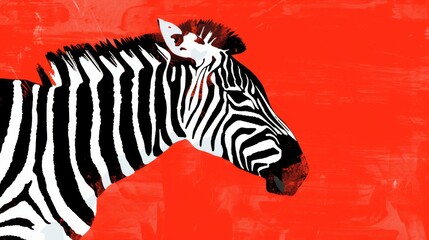 Fototapeta na wymiar Black and white minimal illustration of a zebra in vector style. Animal art. Simple colors and contours on red background.