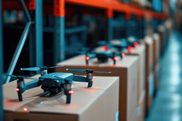 A systematic arrangement of FPV drones on a manufacturing assembly line, highlighting the industrial production of modern military equipment, pertinent for discussions about the technological arms