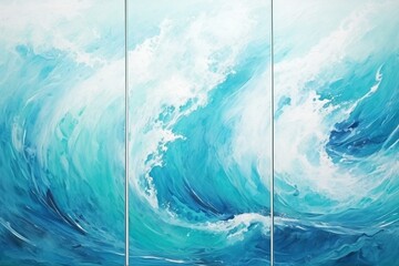 Abstract ocean triptych painting on canvas with a sea and ocean background - a beautiful artwork for interior decor. Generative AI