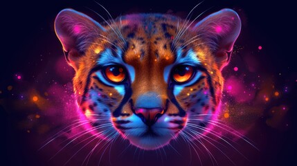 a close up of a tiger's face on a dark background with bright lights and a splash of paint.
