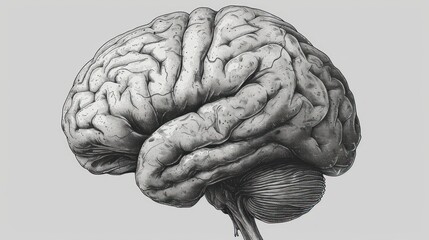a drawing of a human brain on a gray background with a black and white line drawing of the left side of the brain.