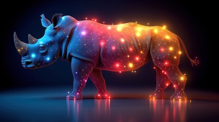 a rhinoceros standing in front of a black background with a lot of colorful lights on it's body.
