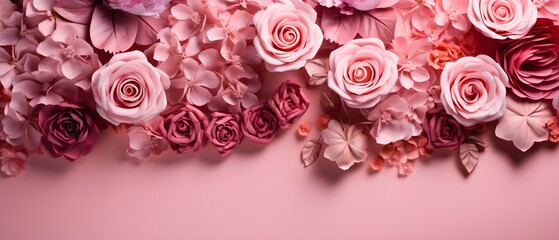 Various types of pink roses are arranged in harmony with a certain amount of pink background space.