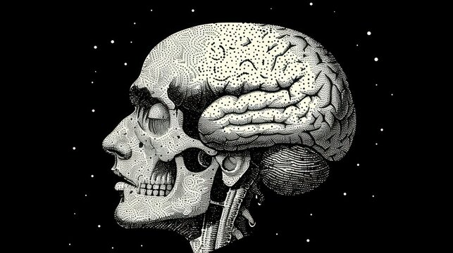 a black and white drawing of a human head with a brain in the middle of the image and stars in the background.