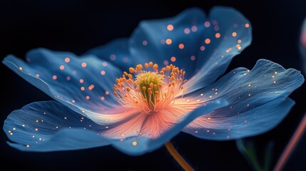 a close - up of a blue flower with yellow stamen on it's center and a dark background.