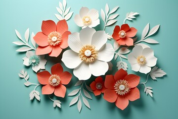 Red and white floral decoration on green background