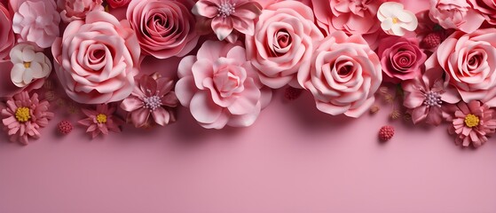 Various types of pink roses are arranged in harmony with a certain amount of pink background space.