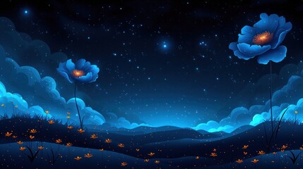 a painting of a night sky with two blue flowers in the foreground and stars in the sky in the background.