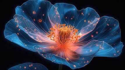 a large blue flower with yellow stamens on it's center and stamens on the stamen.