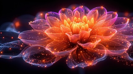 a close up of a flower with a lot of lights in the middle of the petals on a black background.