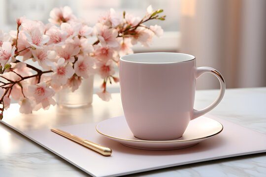 A photo combining pink flowers, notes, and soft coffee