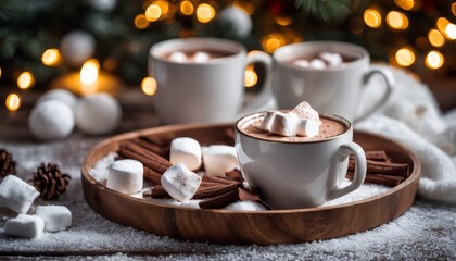 Obraz na płótnie Canvas Two cups of hot chocolate with marshmallows and cinnamon sticks