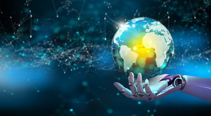 Ai Robot hand holding crystal digital world. Global network connection, Big data analytic, Business Artificial intelligence and Technology connection concept.