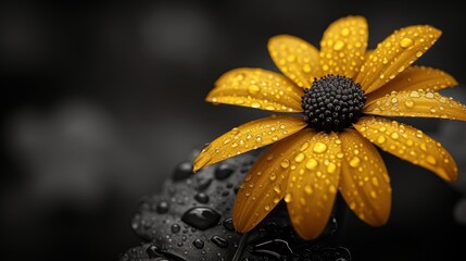 a close up of a yellow flower with water droplets on it's petals and a black and white background.