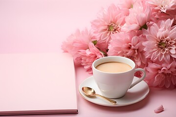 Fototapeta na wymiar A photo combining pink flowers, notes, and soft coffee