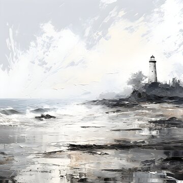 This painting depicts a lighthouse standing alone using ink-and-wash techniques and lots of blank space.