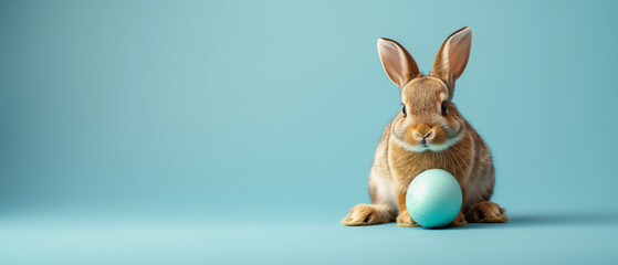 Fototapeta na wymiar Happy Easter Cute bunny and single easter egg isolated on light blue background