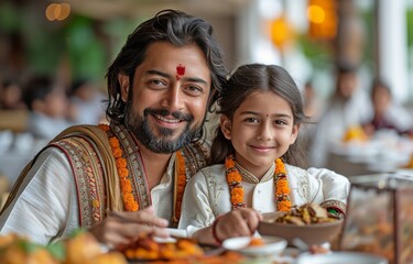 Image of a contented Indian family: mother, father, and daughter dressed in traditional garb, seated around a table for breakfast, lunch, or dinner