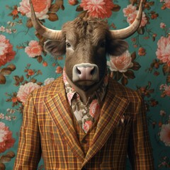 Bull in Smart Suit on Floral Background
