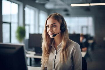 portrait of a woman call center operator with headphones - obrazy, fototapety, plakaty