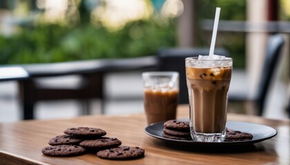 A glass of iced coffee with a straw and two cookies on a plate