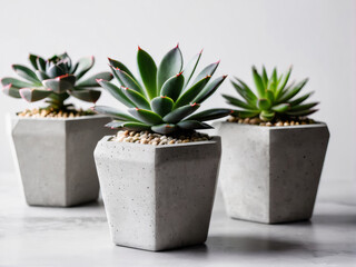 A lineup of small succulents in contemporary geometric concrete pots, set against a white backdrop.