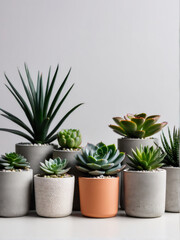 A lineup of small succulents in contemporary geometric concrete pots, set against a white backdrop.