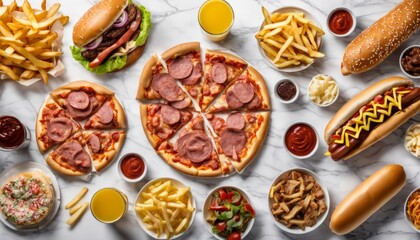 A table full of food including pizza, hot dogs, fries, and a variety of condiments