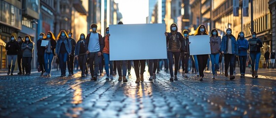 Walking outside and holding blank signs, protestors demonstrate solidarity and make a statement. - obrazy, fototapety, plakaty