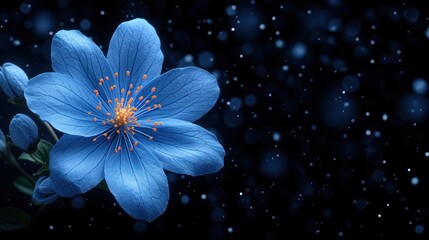 a close up of a blue flower on a black background with drops of water on the petals of the flower.