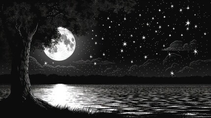 a black and white photo of a night sky with stars and a full moon over a body of water with a tree in the foreground.