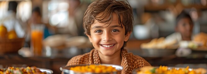 Adorable Indian lad in his teens, dressed traditionally, eating a hearty breakfast at home while grinning broadly at the kitchen table.