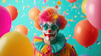 Obraz na płótnie Canvas In the image, a person dressed as a clown with vibrant red hair, a painted white face, exaggerated red nose and lips, and round green glasses, is standing in front of a bright blue background. The clo